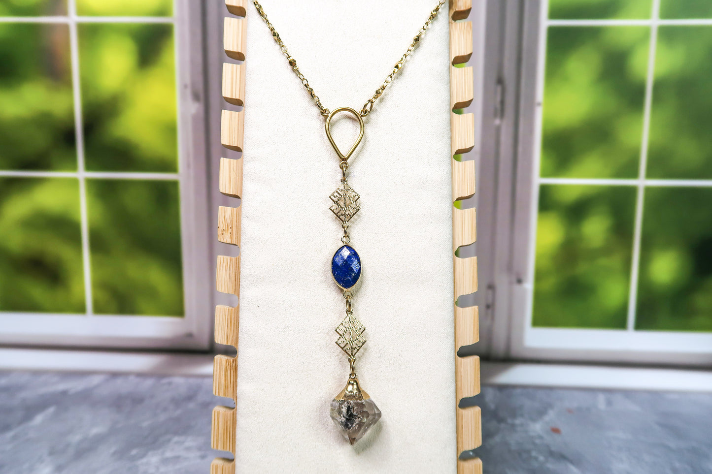 24k Gold Herkimer Diamond and Lapis Lazuli Lariat Necklace