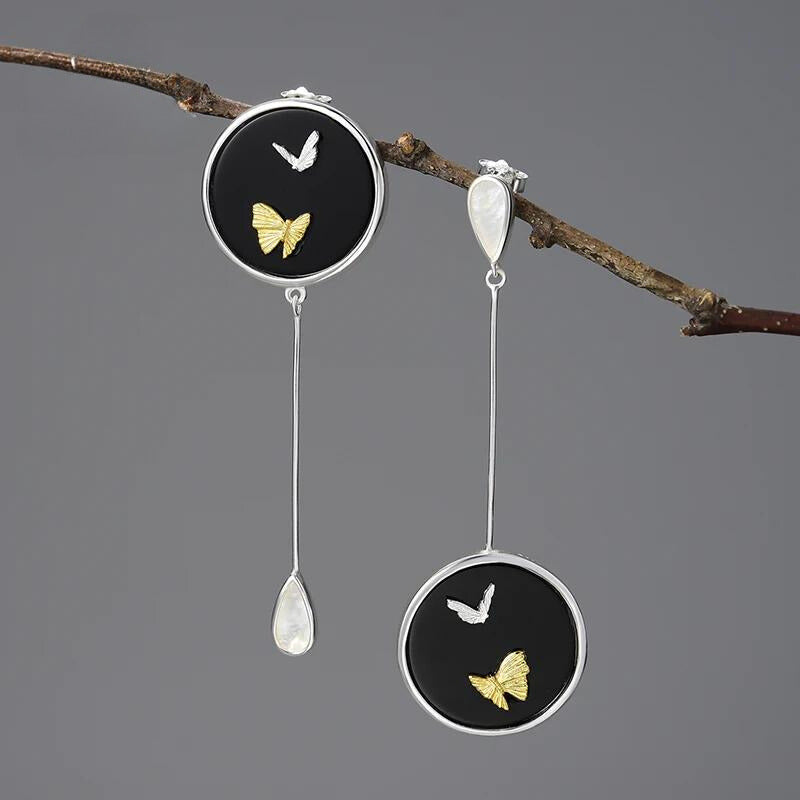 Asymmetrical Agate Flying Butterfly Dangle Earrings