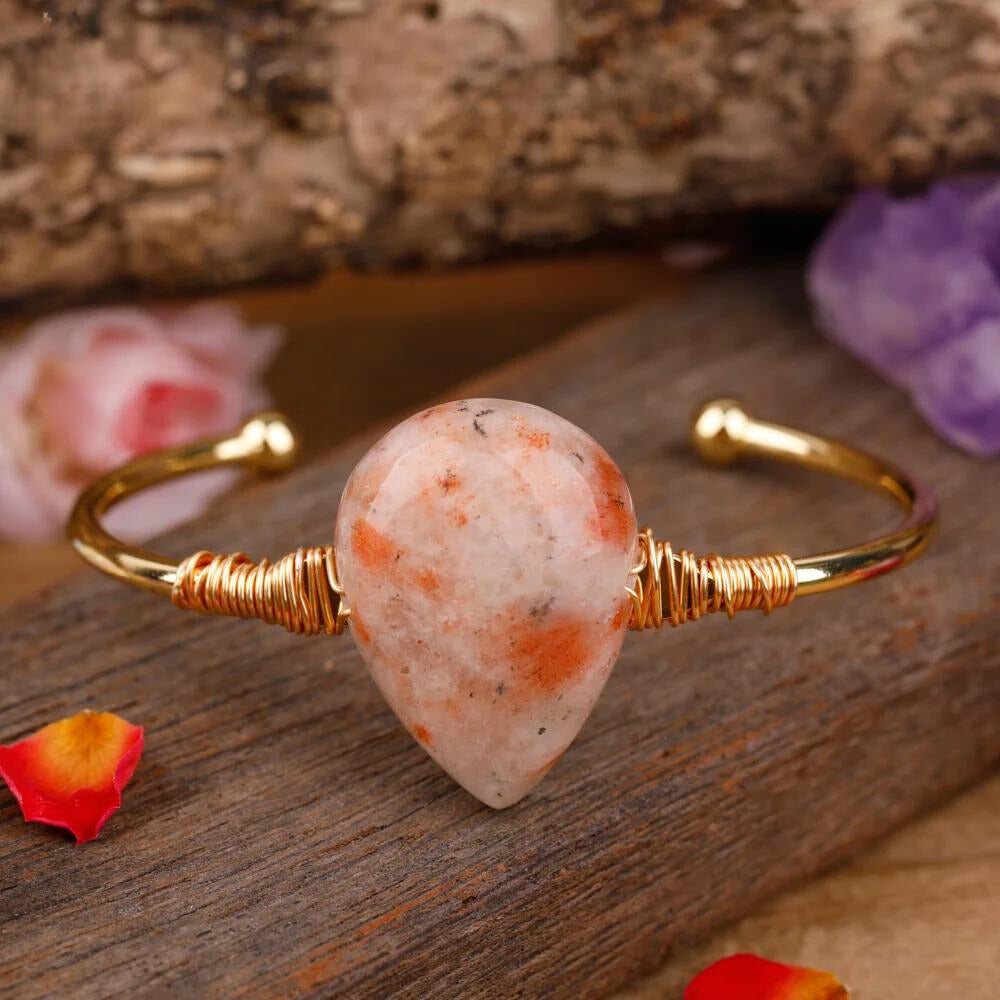 Natural Crystal Teardrop Gold, Silver, & Rose Gold Cuff Bracelets