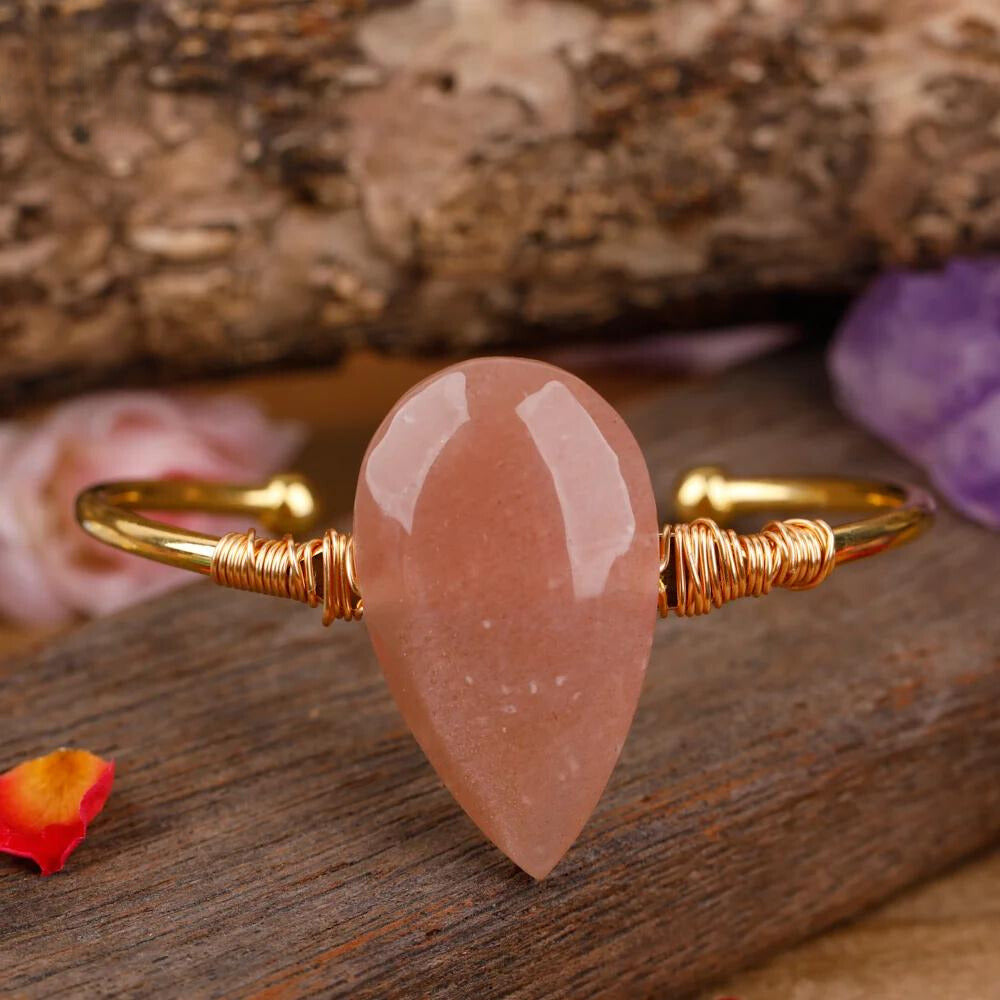 Natural Crystal Teardrop Gold, Silver, & Rose Gold Cuff Bracelets