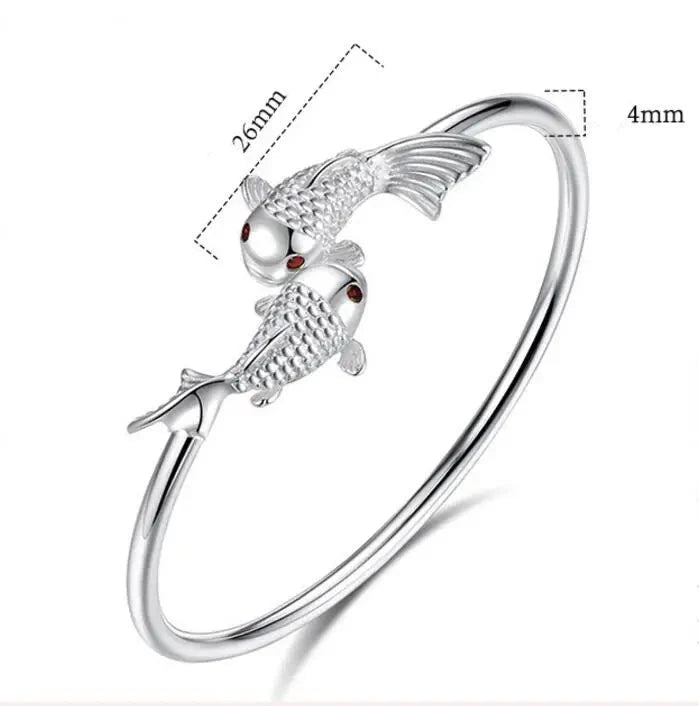 Sterling Silver Lucky Fish Adjustable Cuff Bangle