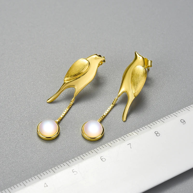 18K Gold and Sterling Silver Moon and Bird Tassel Dangle Earrings