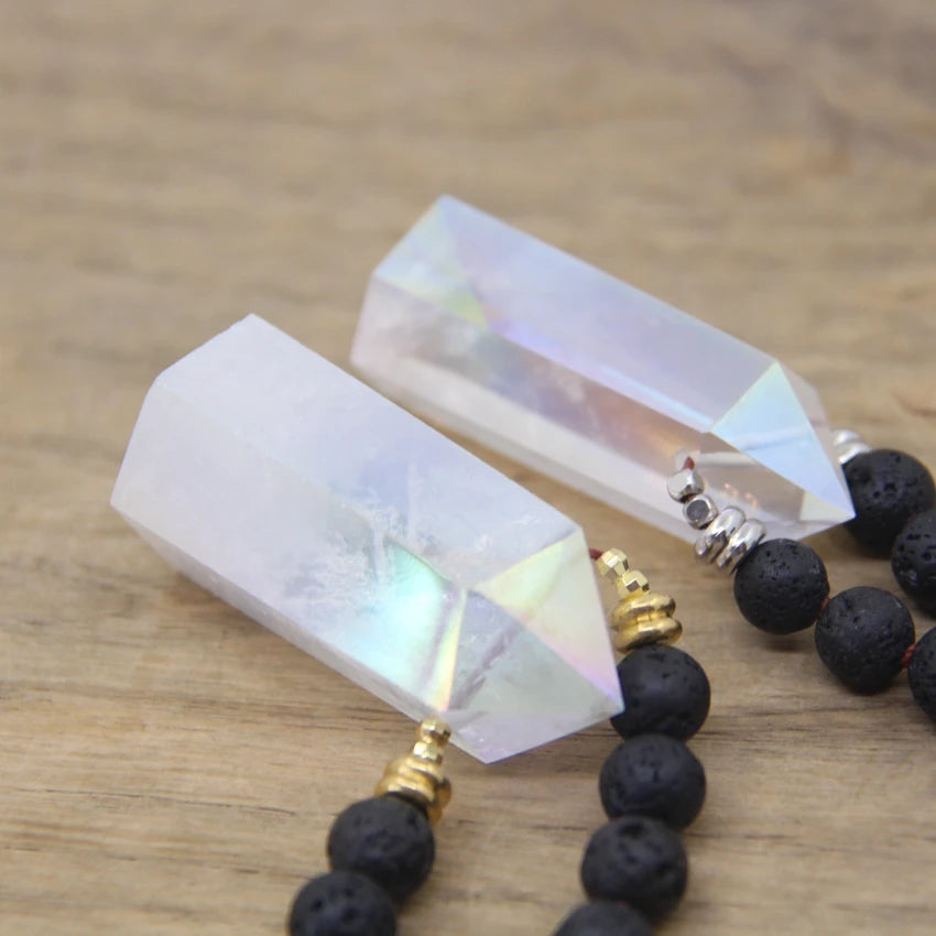 Aura Quartz Crystal Tower & Lava Stone Knotted Necklaces