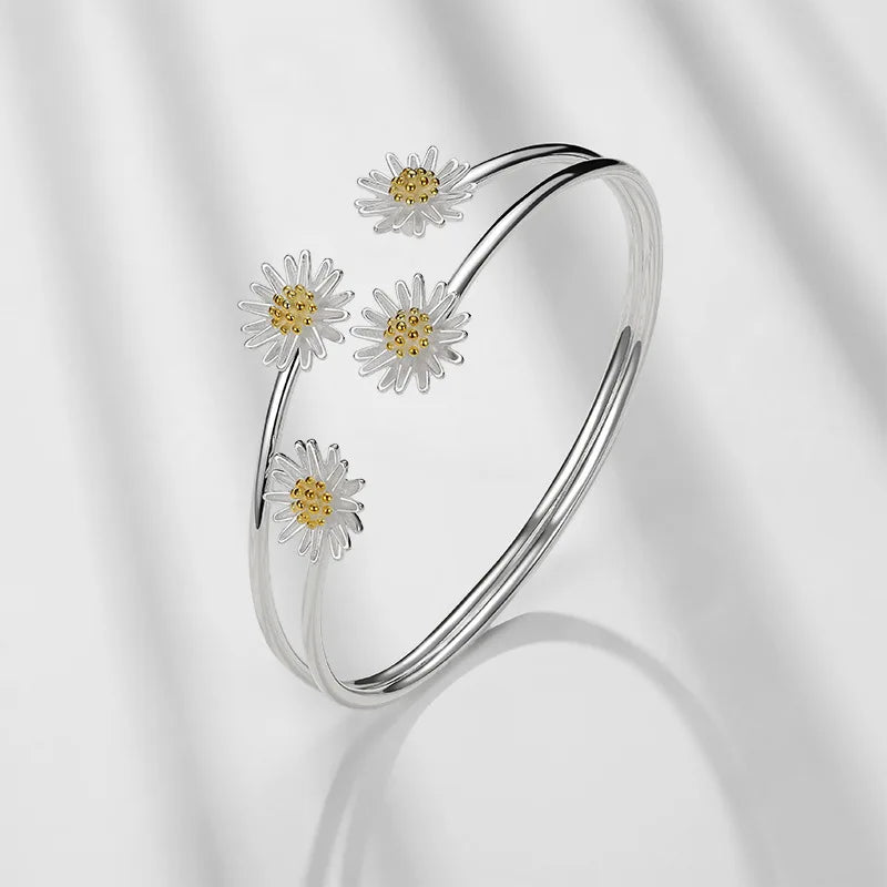 Sterling Silver Adjustable Daisy Flower Cuff Bracelet