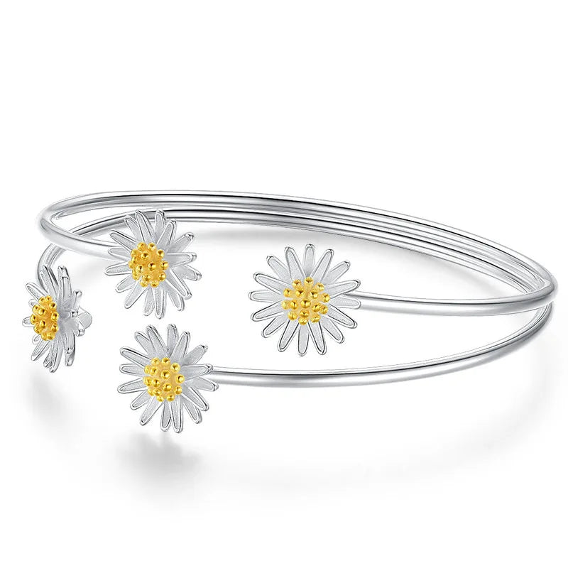 Sterling Silver Adjustable Daisy Flower Cuff Bracelet