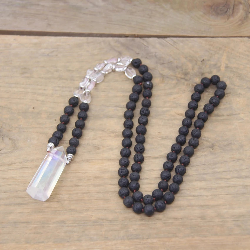 Aura Quartz Crystal Tower & Lava Stone Knotted Necklaces