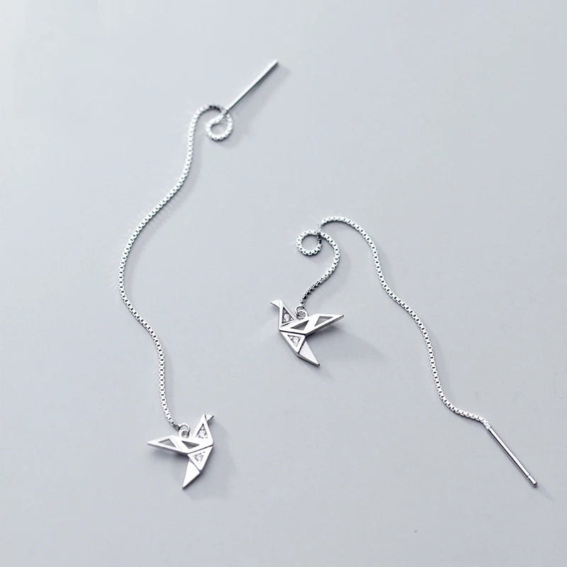 Sterling Silver Origami Paper Crane Dangle Earrings