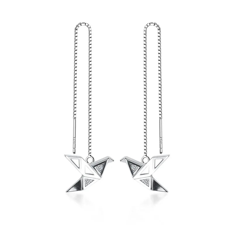 Sterling Silver Origami Paper Crane Dangle Earrings