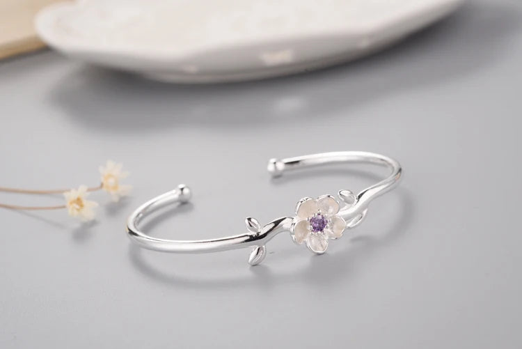 Adjustable Sterling Silver Plum Flower Bracelet