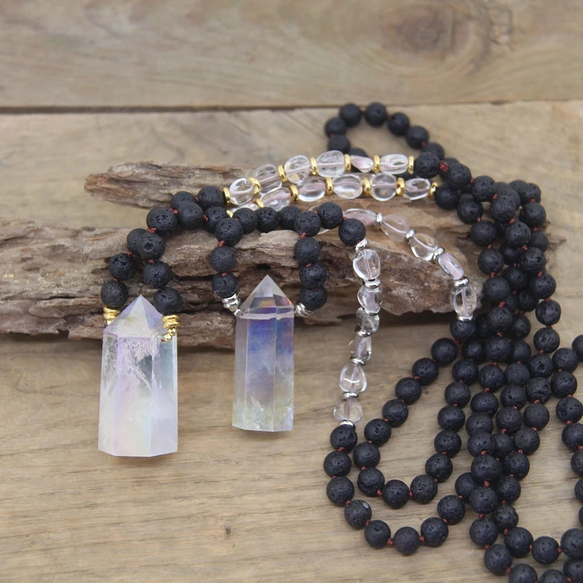 Aura Quartz Crystal Tower & Lava Stone Knotted Necklaces