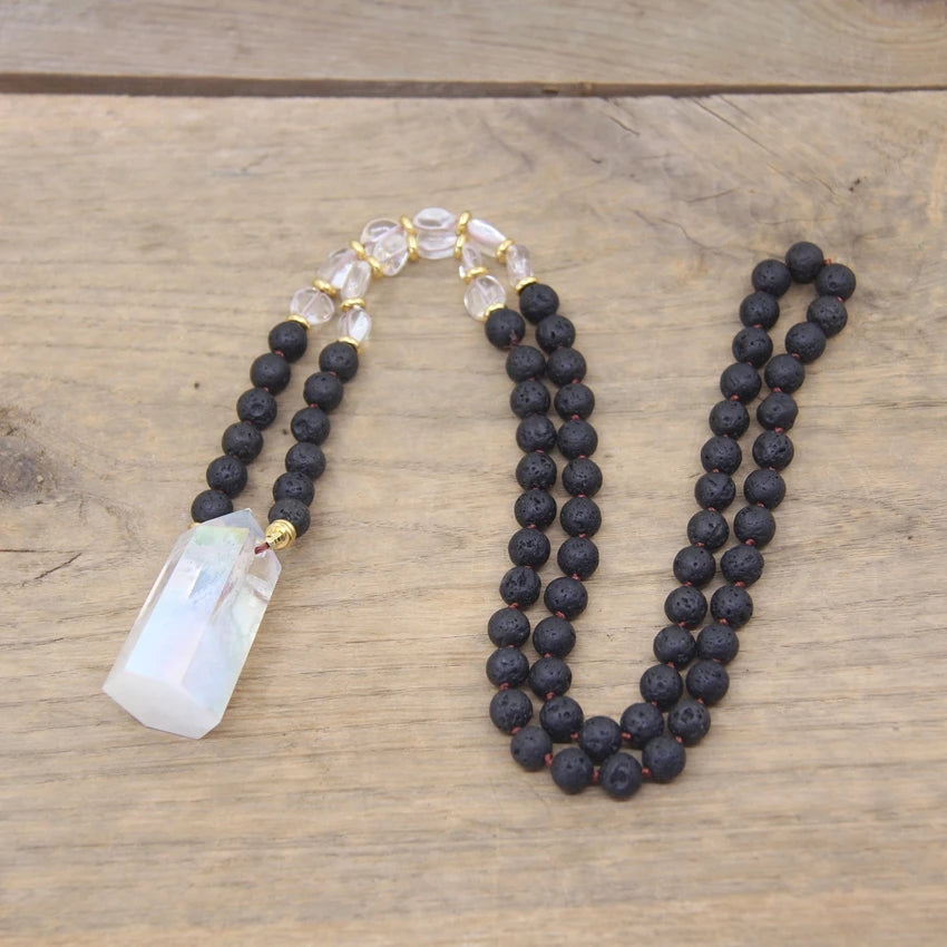 Aura Quartz Crystal Tower & Lava Stone Knotted Necklaces