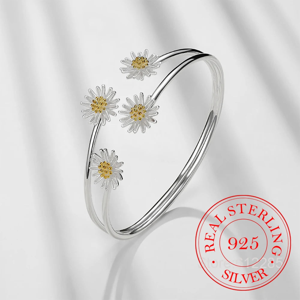 Sterling Silver Adjustable Daisy Flower Cuff Bracelet