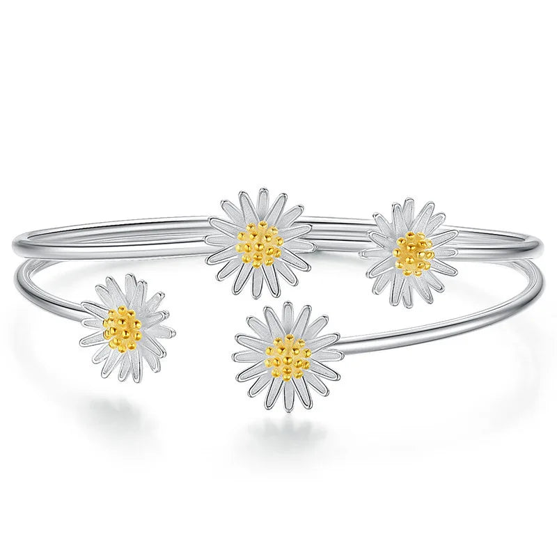 Sterling Silver Adjustable Daisy Flower Cuff Bracelet