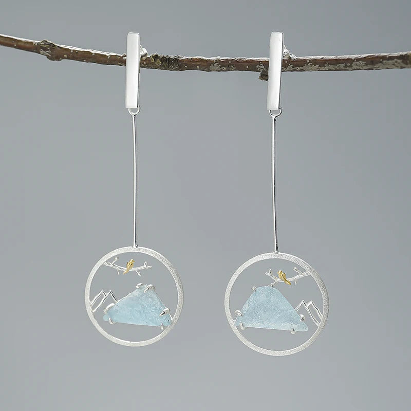 Sterling Silver Aquamarine Bird Whisper Dangle Earrings