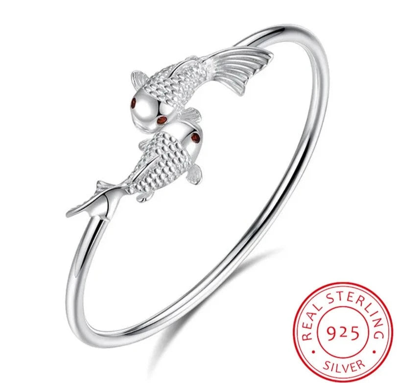 Sterling Silver Lucky Fish Adjustable Cuff Bangle