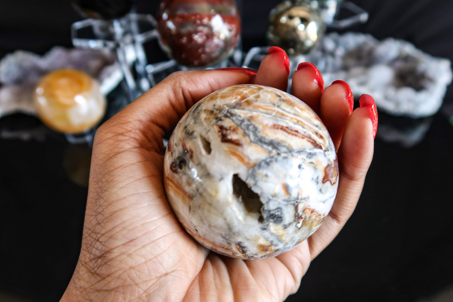 Crazy Lace Agate Sphere with Druzy Pockets #2