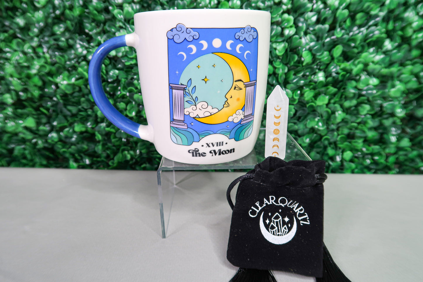 The Moon Tarot Mug with Mini Clear Quartz Moon Phase Point