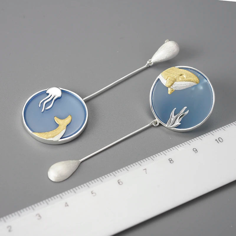 Sterling Silver & 18K Gold Asymmetrical Underwater World Whale Earrings