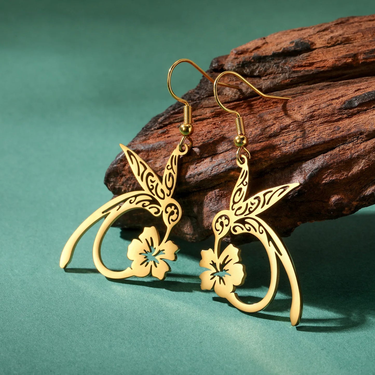 Hummingbird Flower Pendant Drop Earrings