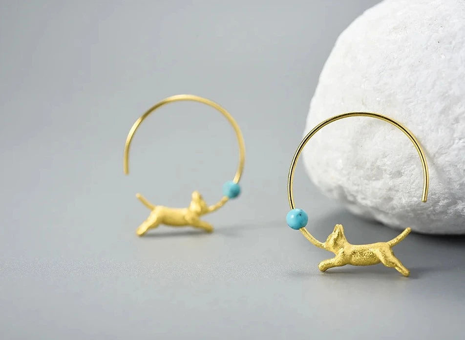 Sterling Silver & 18K Gold Running Cat with Balloon Round Hoop Earrings