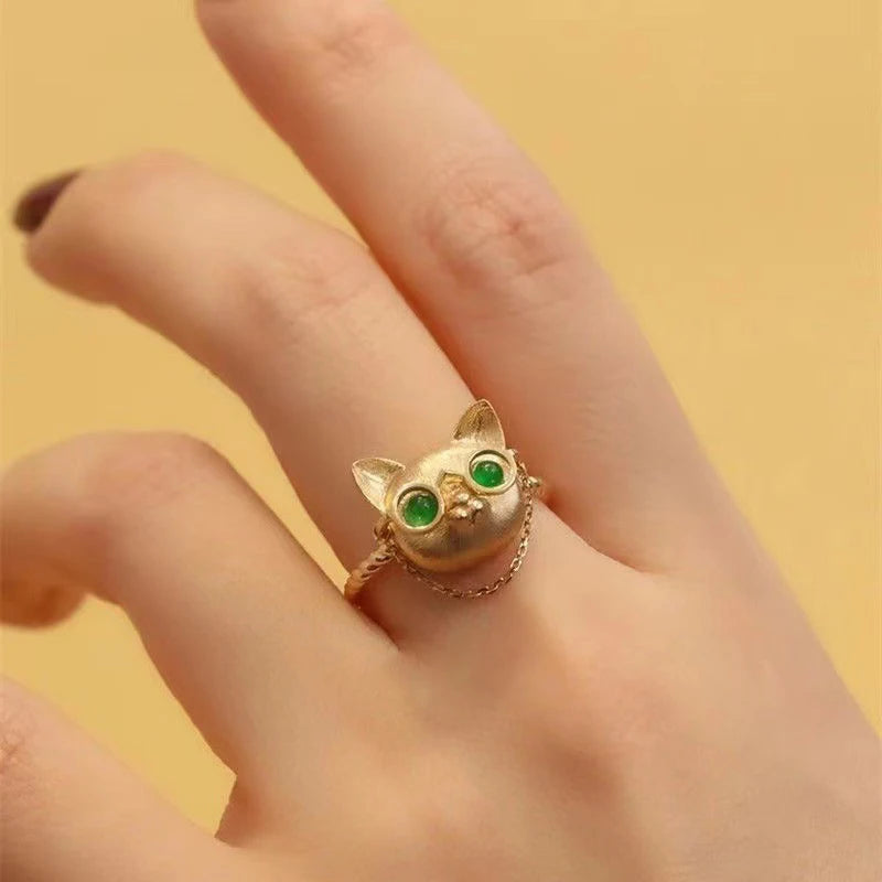 Natural Green Chalcedony Spectacles Cat Ring