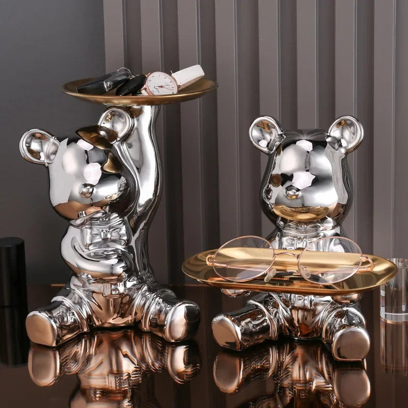 Metallic Plated Ceremic Bear and Tray Decor