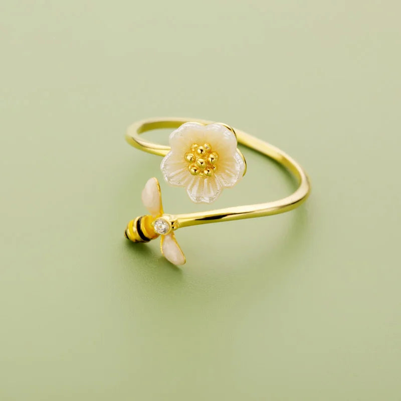 Adjustable Sterling Silver 18k Gold Daisy & Flower Bee Ring