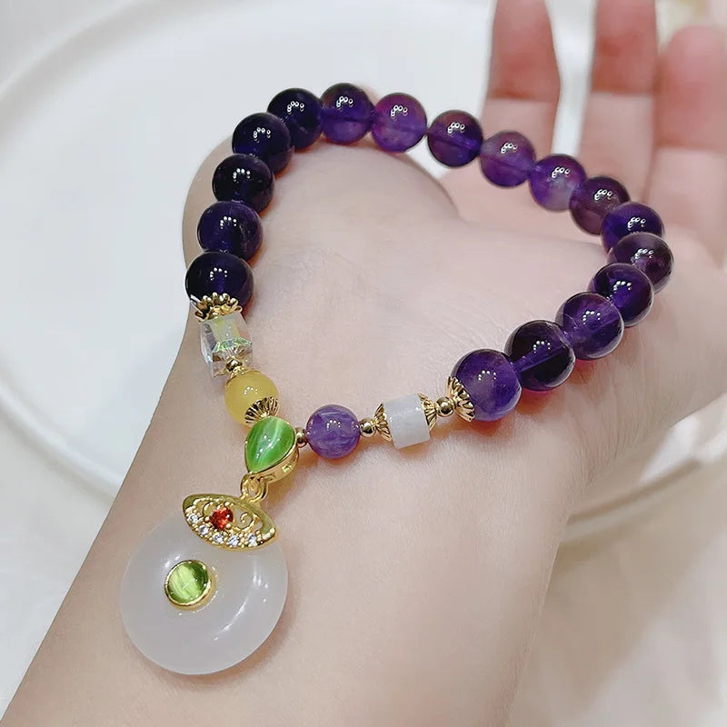 Natural Amethyst and Cubic Zirconia Pendant Bead Bracelets