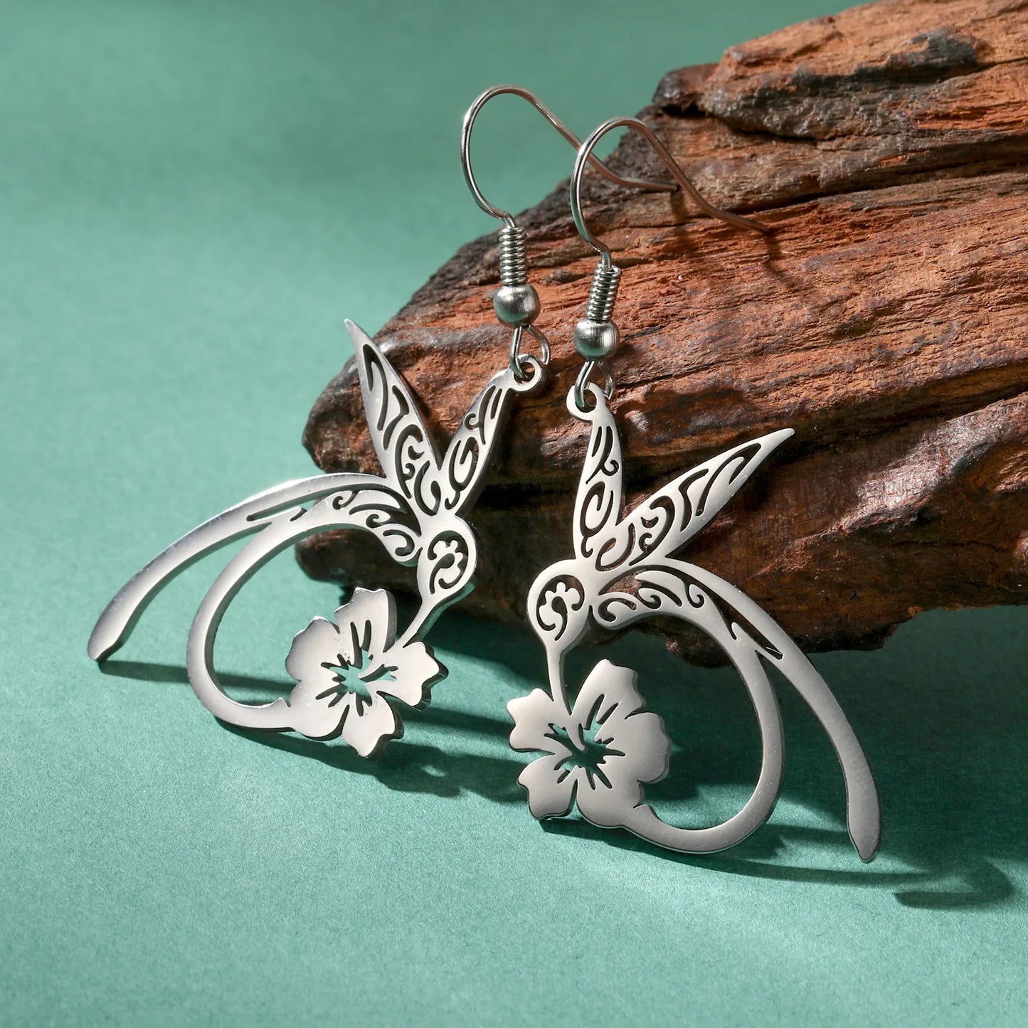 Hummingbird Flower Pendant Drop Earrings