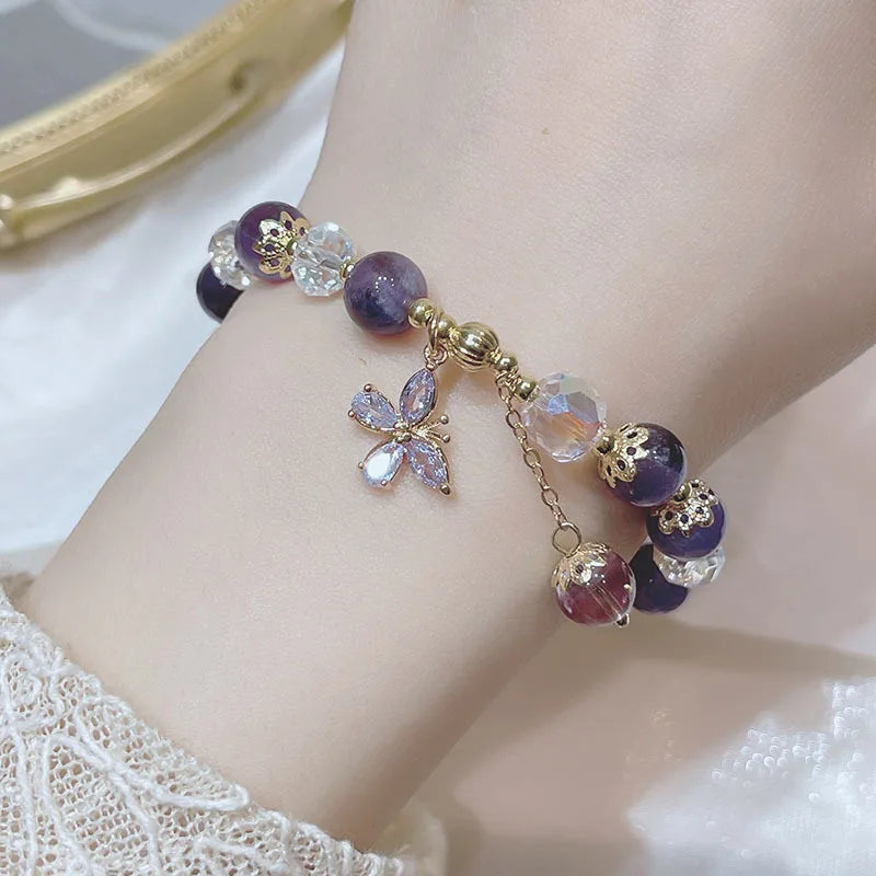 Natural Amethyst and Cubic Zirconia Pendant Bead Bracelets