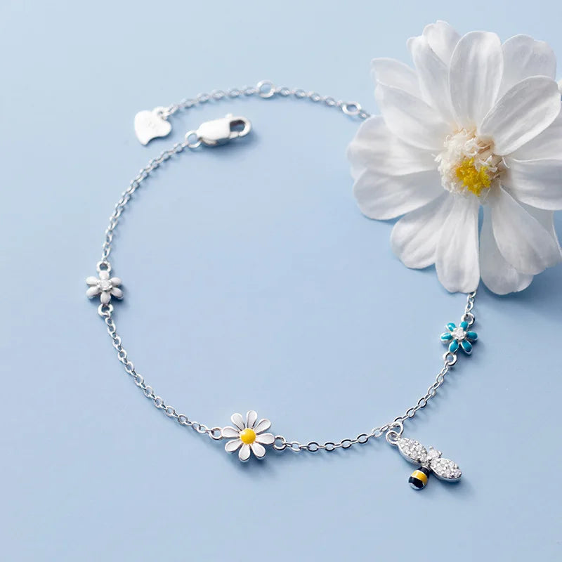 Sterling Silver Daisy Bee Charm Bracelet Bangle