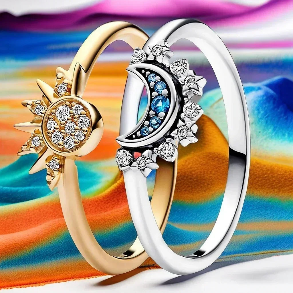 Celestial Blue Sparkling Moon & Golden Sun Sterling Silver Rings