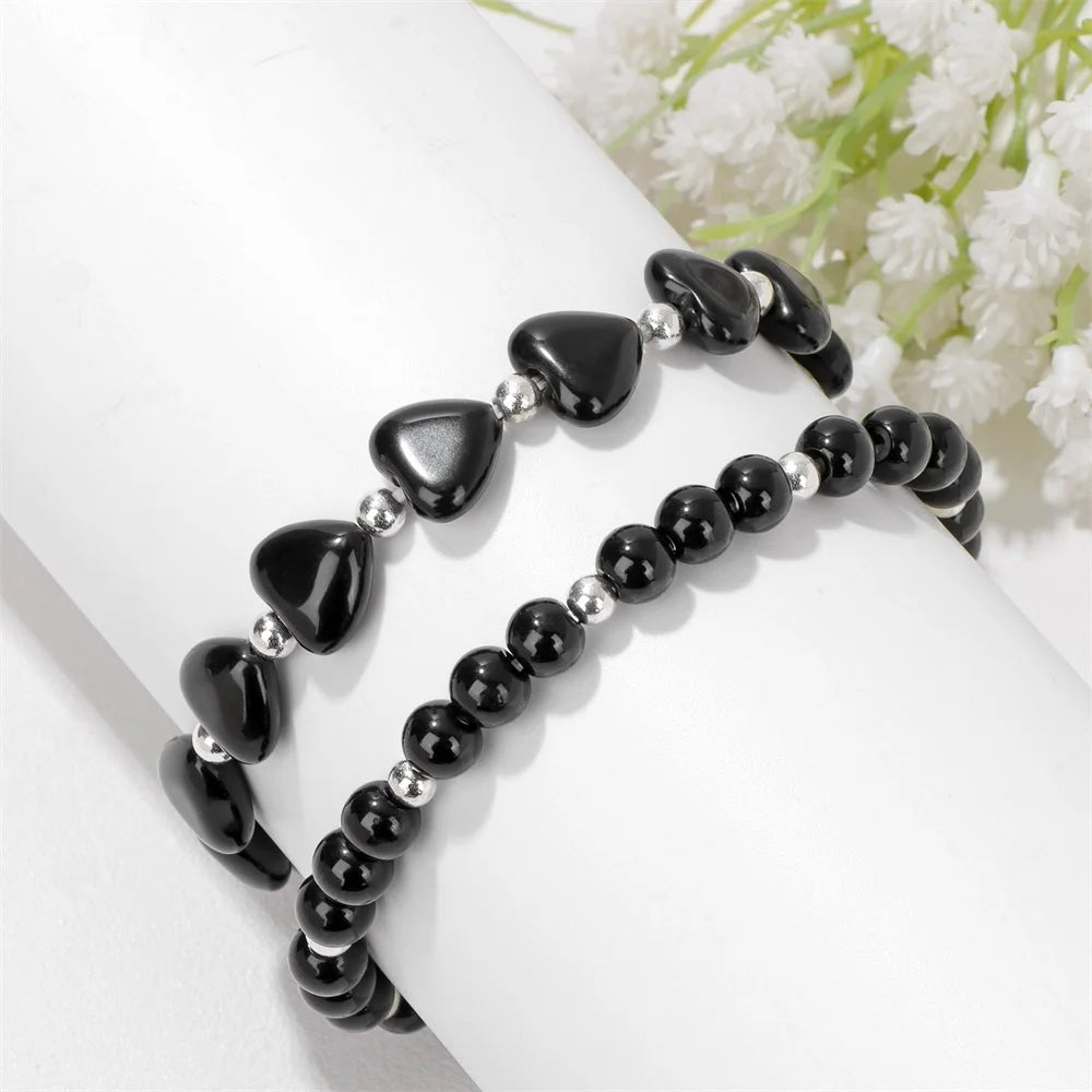 2Pcs Set Natural Stone Heart and Round Beaded Bracelets