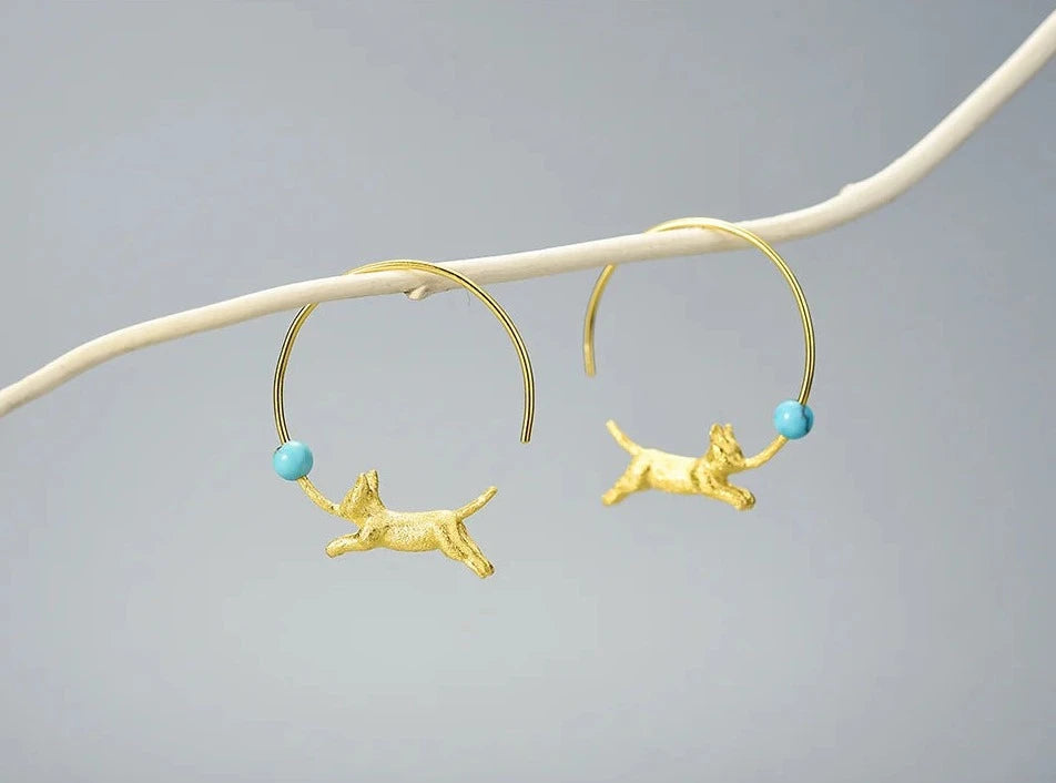 Sterling Silver & 18K Gold Running Cat with Balloon Round Hoop Earrings