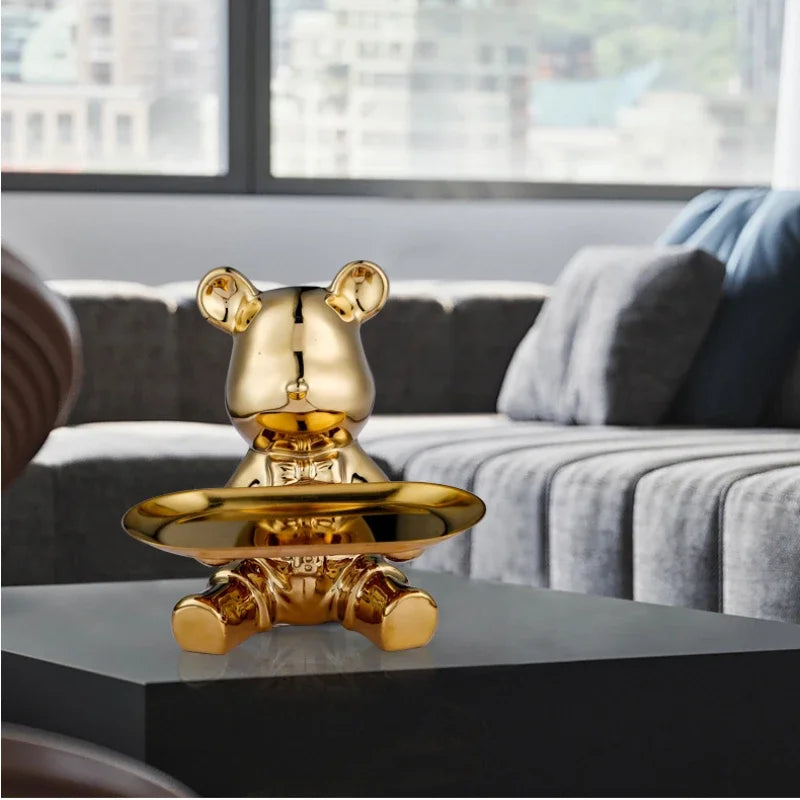 Metallic Plated Ceremic Bear and Tray Decor