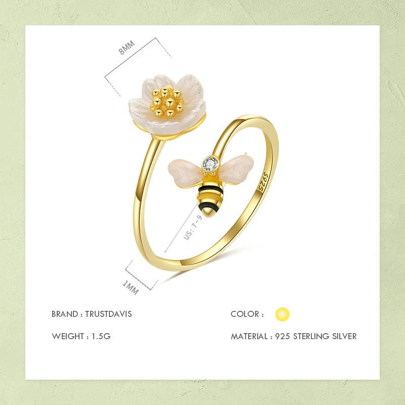 Adjustable Sterling Silver 18k Gold Daisy & Flower Bee Ring