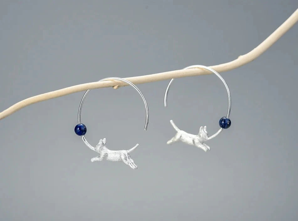 Sterling Silver & 18K Gold Running Cat with Balloon Round Hoop Earrings