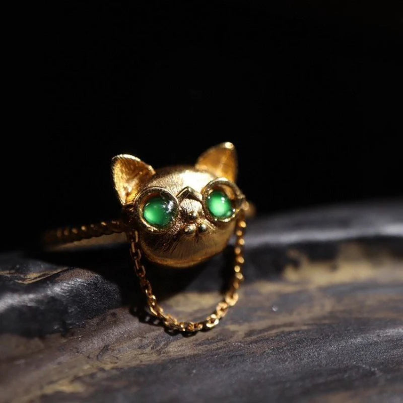 Natural Green Chalcedony Spectacles Cat Ring