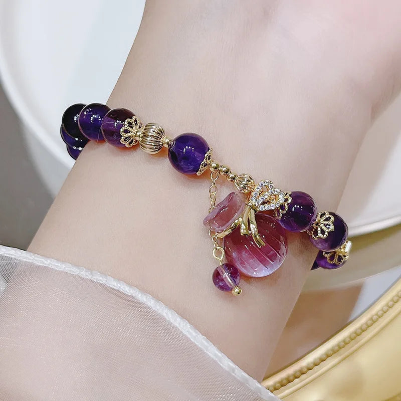 Natural Amethyst and Cubic Zirconia Pendant Bead Bracelets