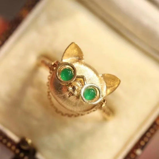 Natural Green Chalcedony Spectacles Cat Ring