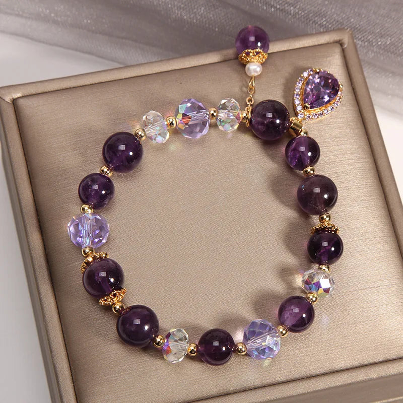 Natural Amethyst and Cubic Zirconia Pendant Bead Bracelets