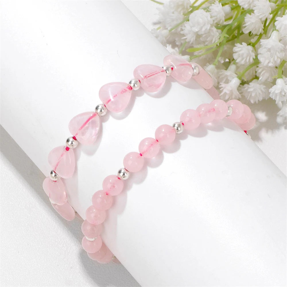 2Pcs Set Natural Stone Heart and Round Beaded Bracelets