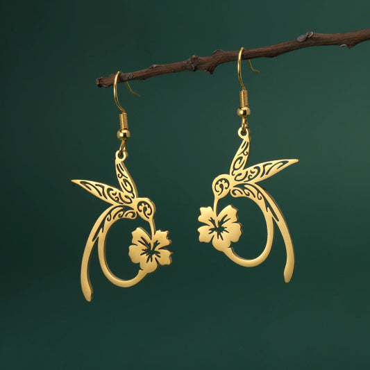 Hummingbird Flower Pendant Drop Earrings