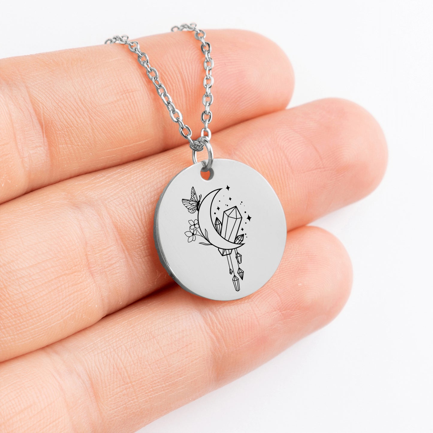 Engravable Lunar Crystal Bloom - Coin Necklace