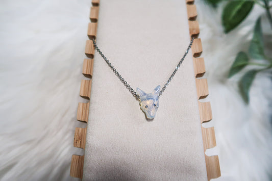 Mini Opalite Carved Wolf Necklace - Silver