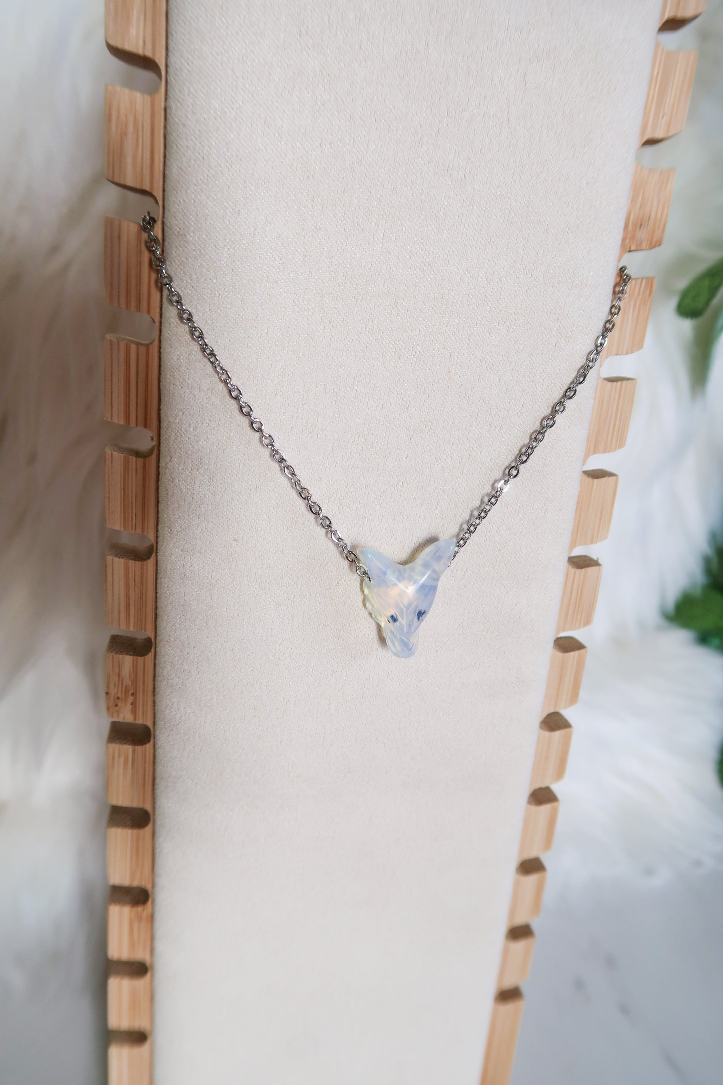 Mini Opalite Carved Wolf Necklace - Silver