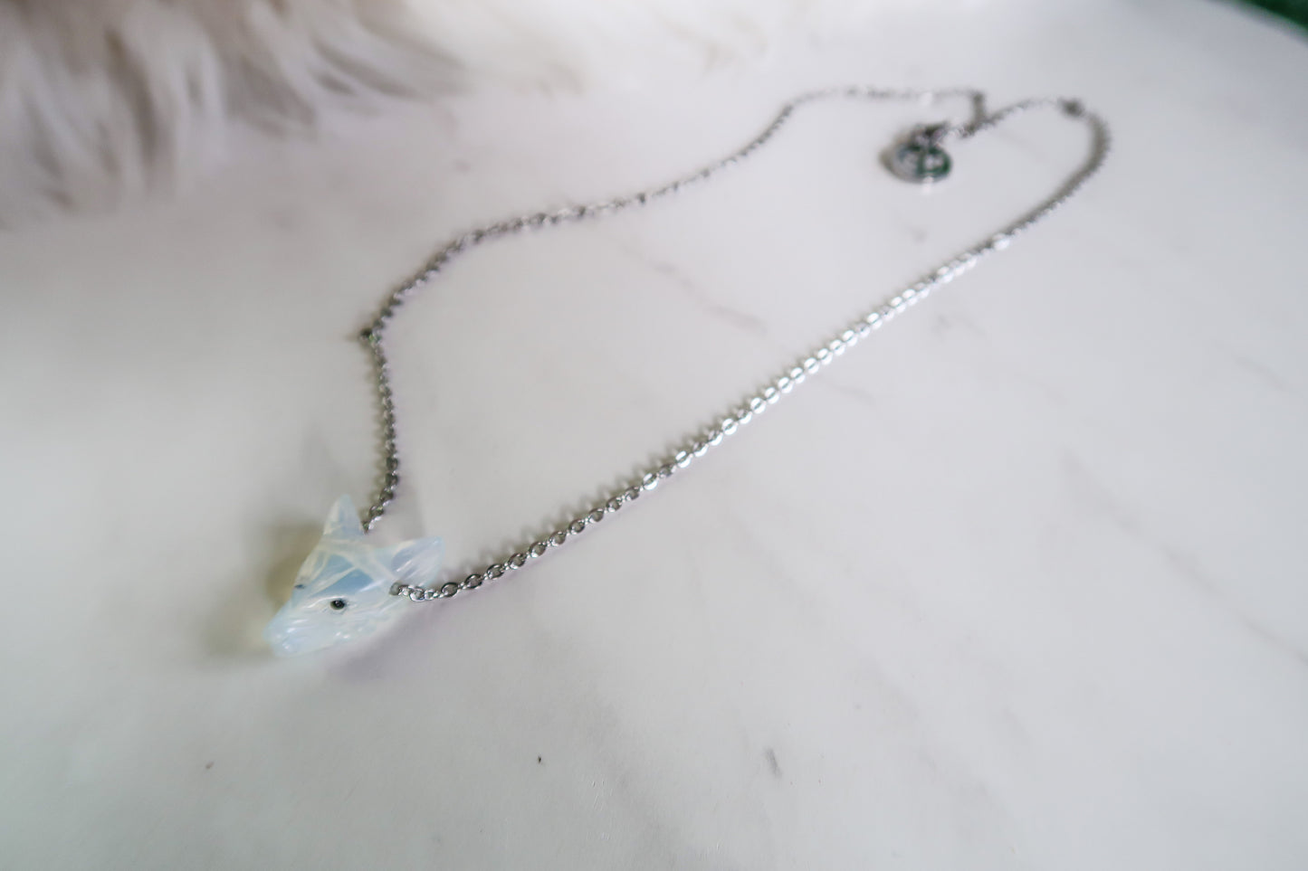 Mini Opalite Carved Wolf Necklace - Silver