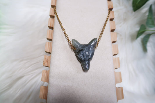 Labradorite Carved Wolf Necklace