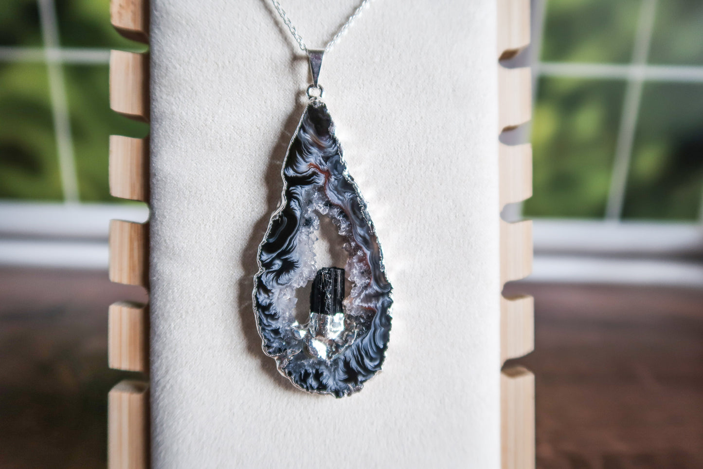 Agate Pendants with Black Tourmaline Crystal