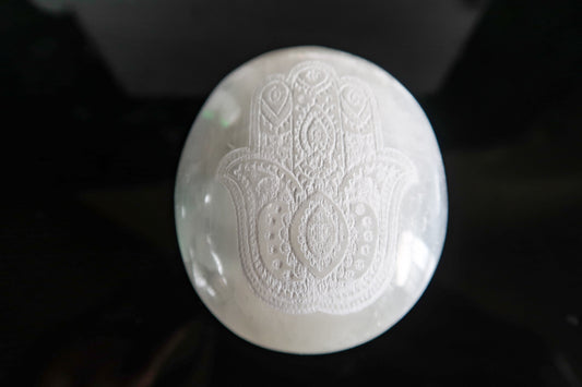 Hamsa Etched Selenite Palm Stone